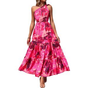 Women's Floral Maxi Dress 2024 Knot One Shoulder Sleeveless Ruffle